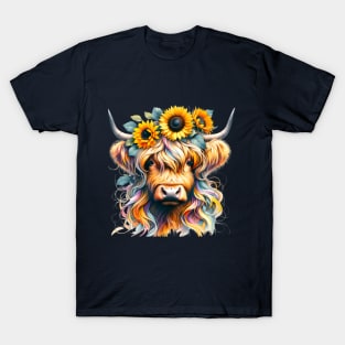 Highland Cow with Crown of Sunflowers T-Shirt